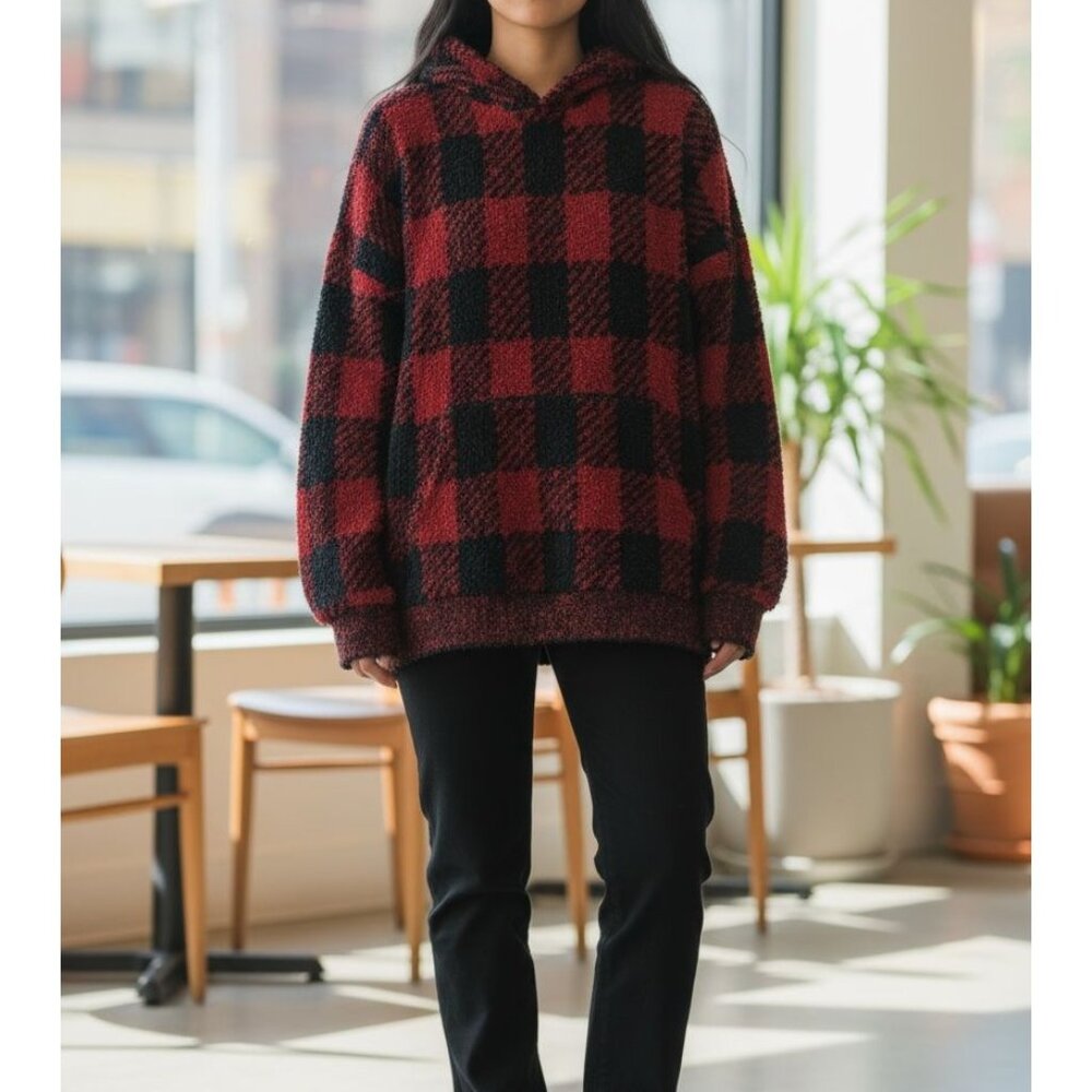 SKIMS Red and Black Plaid Sweater